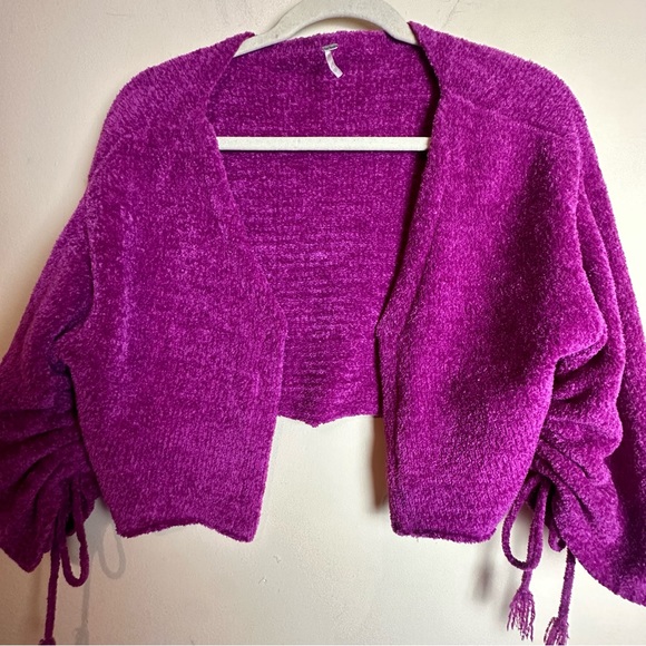 Free people Open Front Sweater Cardigan Hot Pink Cinched Tie Sleeves Women’s XS - Picture 5 of 14